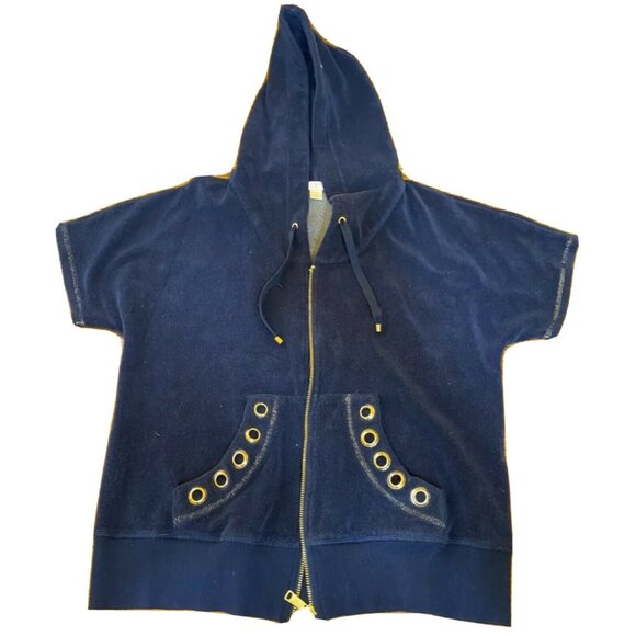 Boston Proper Womens Navy Short-Sleeve Hooded Zip-Up Jacket With Grommet Pockets - Picture 1 of 6